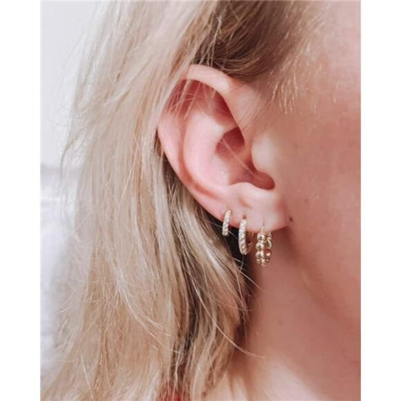 Gold huggie hoop earrings set small lightweight cubic zirconia twist hoops - Picture 4 of 7